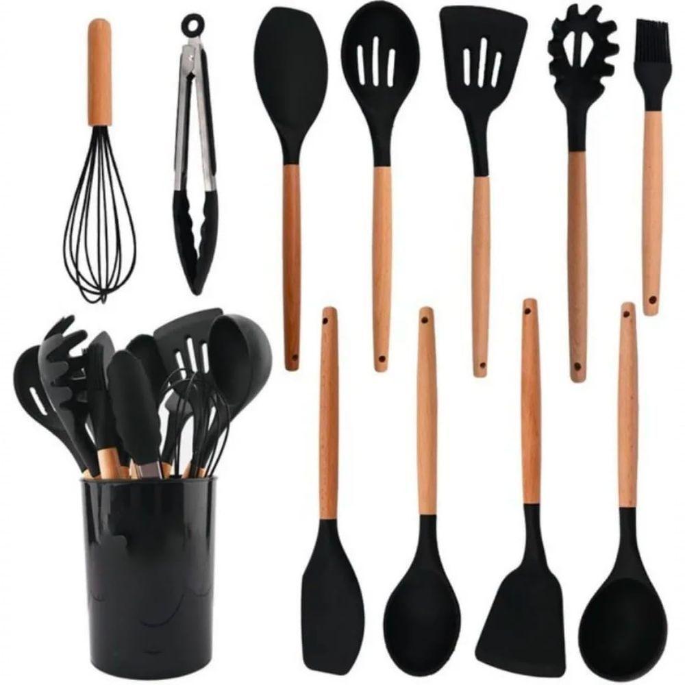 Jogo Kit Utensílios 12 Peças Cozinha Silicone Cabo Madeira Antiaderente Alta Temperatura - Preto - 1