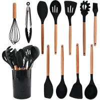 Jogo Kit Utensílios 12 Peças Cozinha Silicone Cabo Madeira Antiaderente Alta Temperatura - Preto - 1