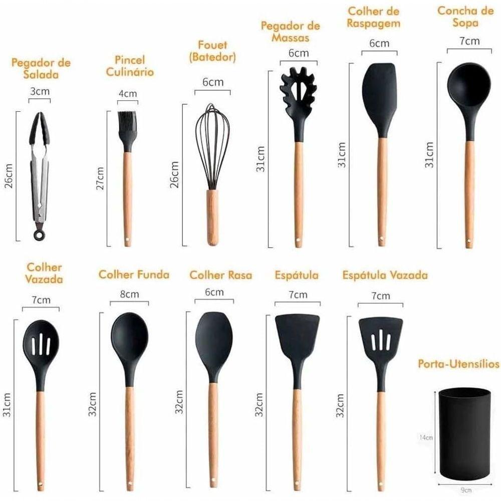 Jogo 12 Utensílios De Cozinha Em Silicone C- Cabo De Madeira Premium E Resistente - Preto - 2