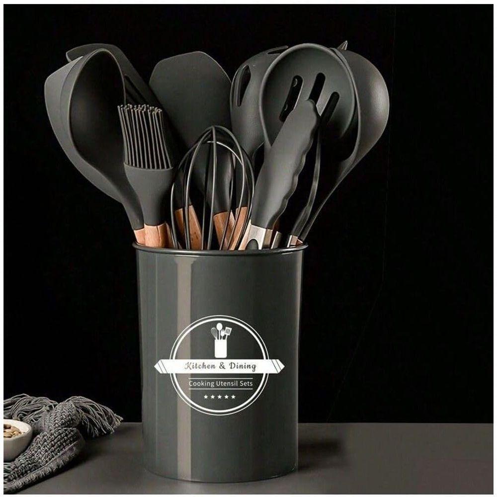 Jogo 12 Utensílios De Cozinha Em Silicone C- Cabo De Madeira Premium E Resistente - Preto - 4