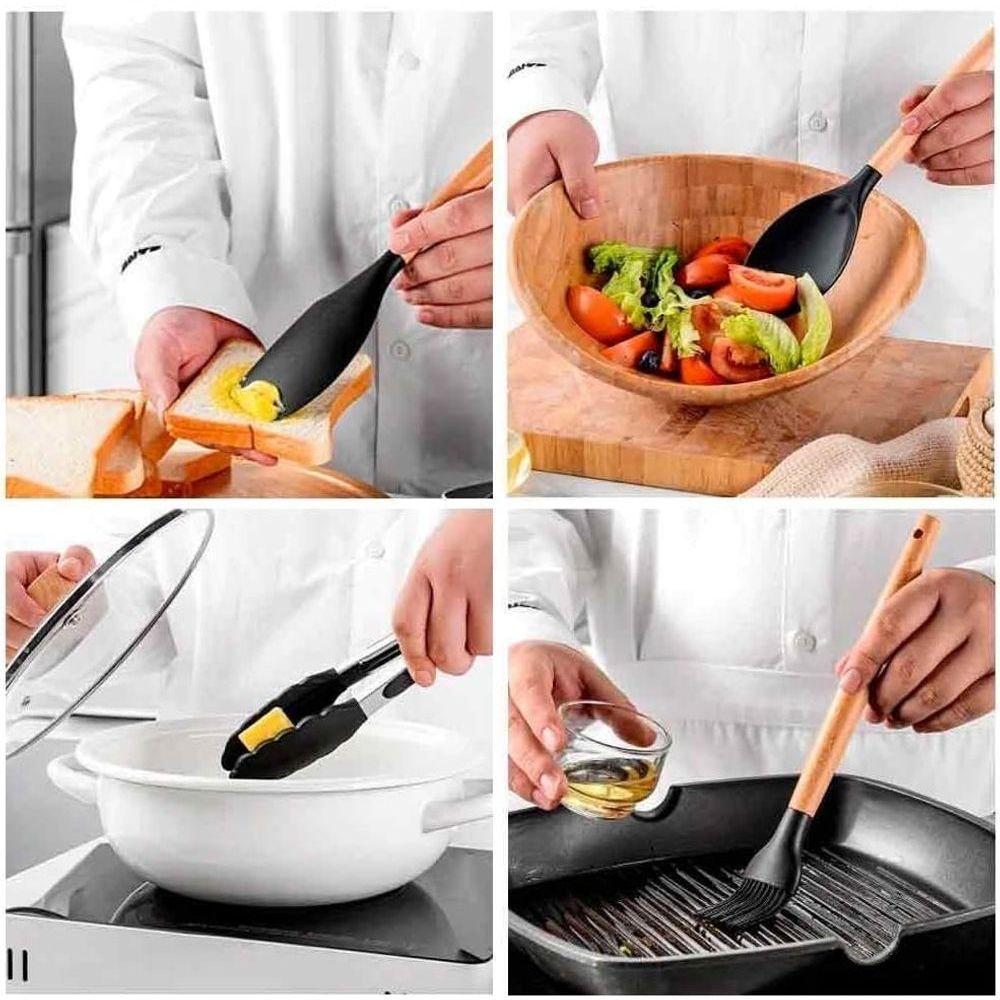 Jogo 12 Utensílios De Cozinha Em Silicone C- Cabo De Madeira Premium E Resistente - Preto - 5