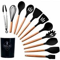 Jogo 12 Utensílios De Cozinha Em Silicone C- Cabo De Madeira Premium E Resistente - Preto - 1