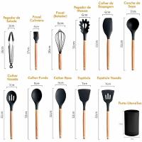 Jogo 12 Utensílios De Cozinha Em Silicone C- Cabo De Madeira Premium E Resistente - Preto - 2