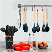 Jogo 12 Utensílios De Cozinha Em Silicone C- Cabo De Madeira Premium E Resistente - Preto - 3