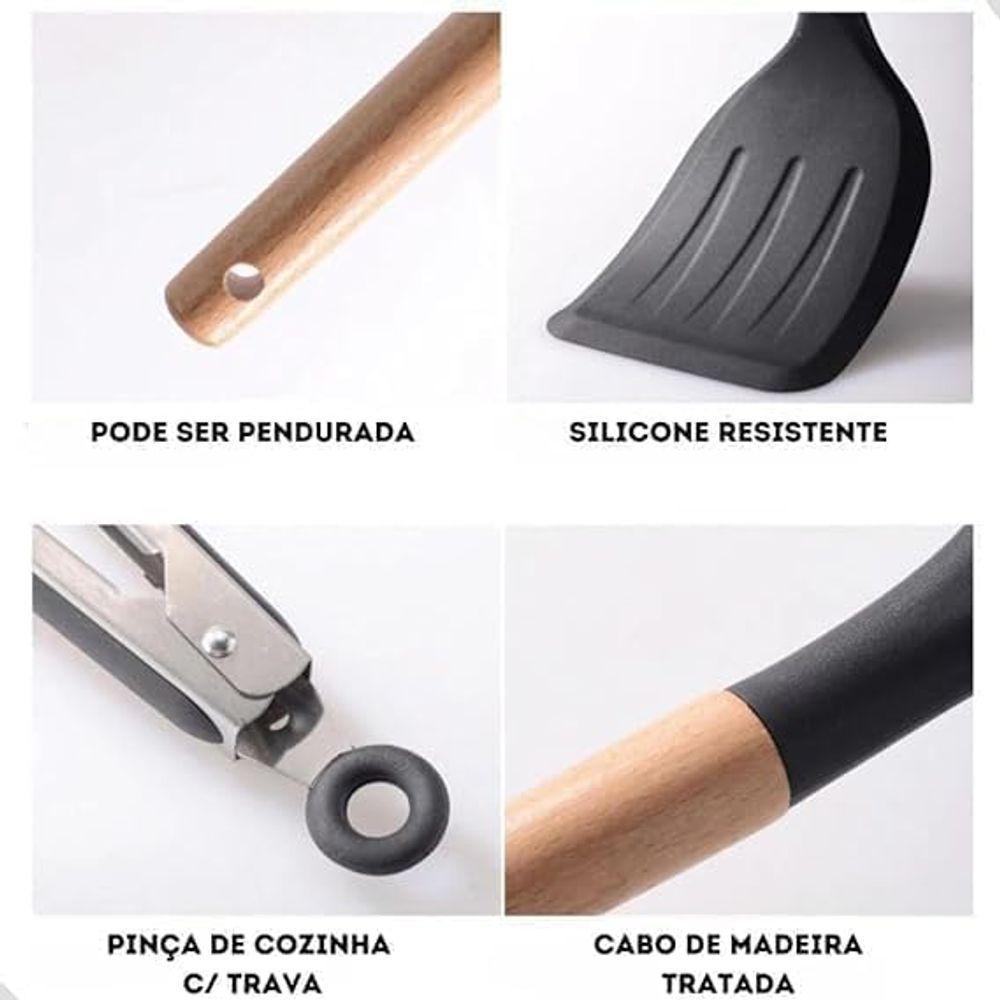 Kit 12 Utensílios De Cozinha Em Silicone E Madeira C- Suporte Resistente E Antiaderente - Preto - 2