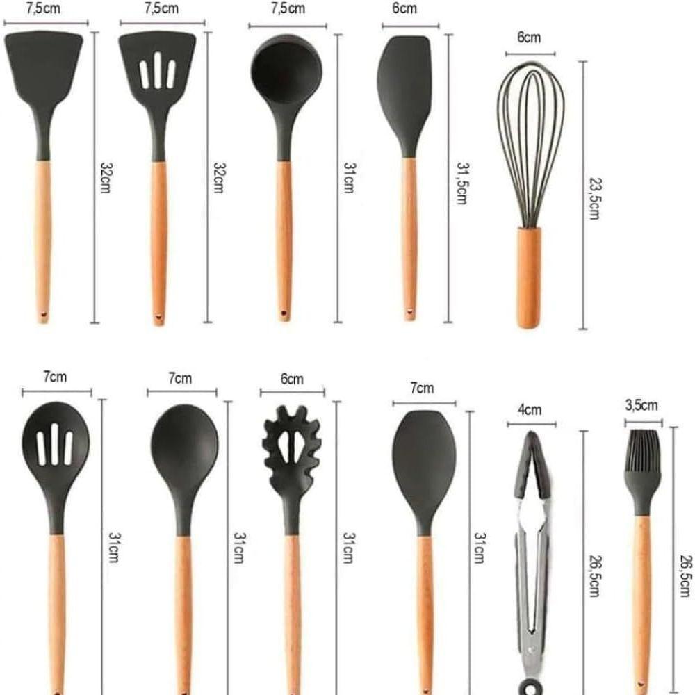 Kit 12 Utensílios De Cozinha Em Silicone E Madeira C- Suporte Resistente E Antiaderente - Preto - 6