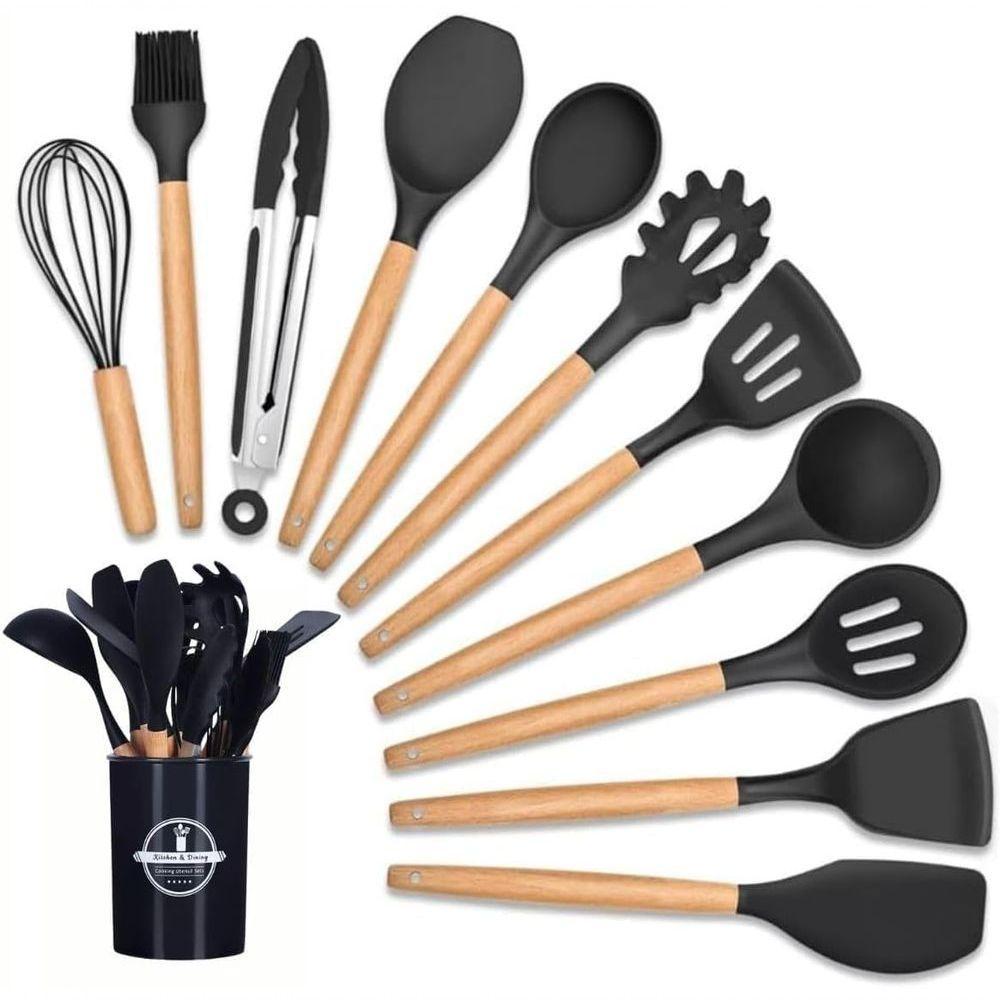 Kit 12 Utensílios De Cozinha Em Silicone E Madeira C- Suporte Resistente E Antiaderente - Preto - 7