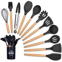 Kit 12 Utensílios De Cozinha Em Silicone E Madeira C- Suporte Resistente E Antiaderente - Preto - 7