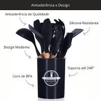 Kit 12 Utensílios De Cozinha Em Silicone E Madeira C- Suporte Resistente E Antiaderente - Preto - 9