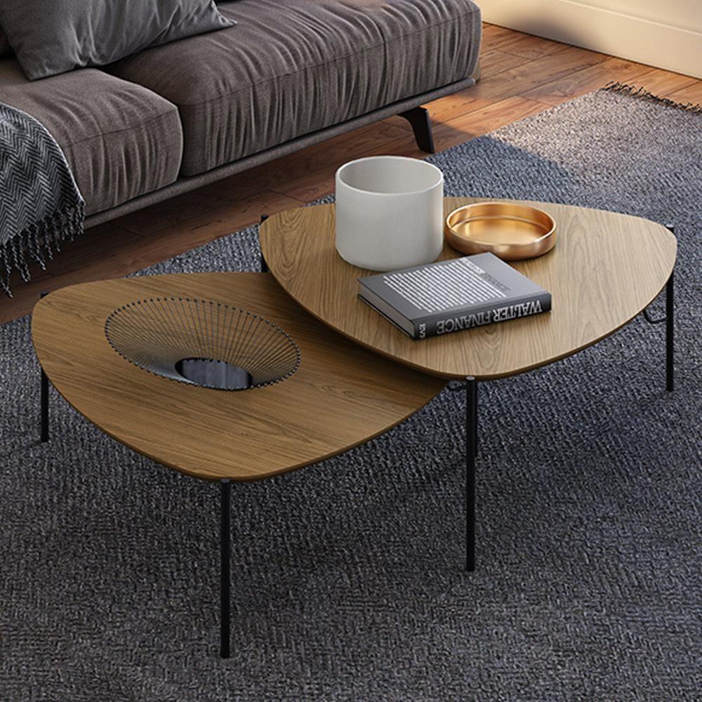 Mesa De Centro Para Sala De Estar Baixa Pés Industrial Preto Alef I03 Louro - Lyam Decor - 2