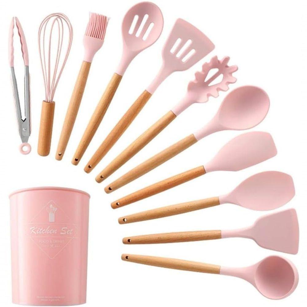 Kit 12 Utensílios De Cozinha Em Silicone C- Cabo De Madeira Resistente E Antiaderente - Rosa - 1