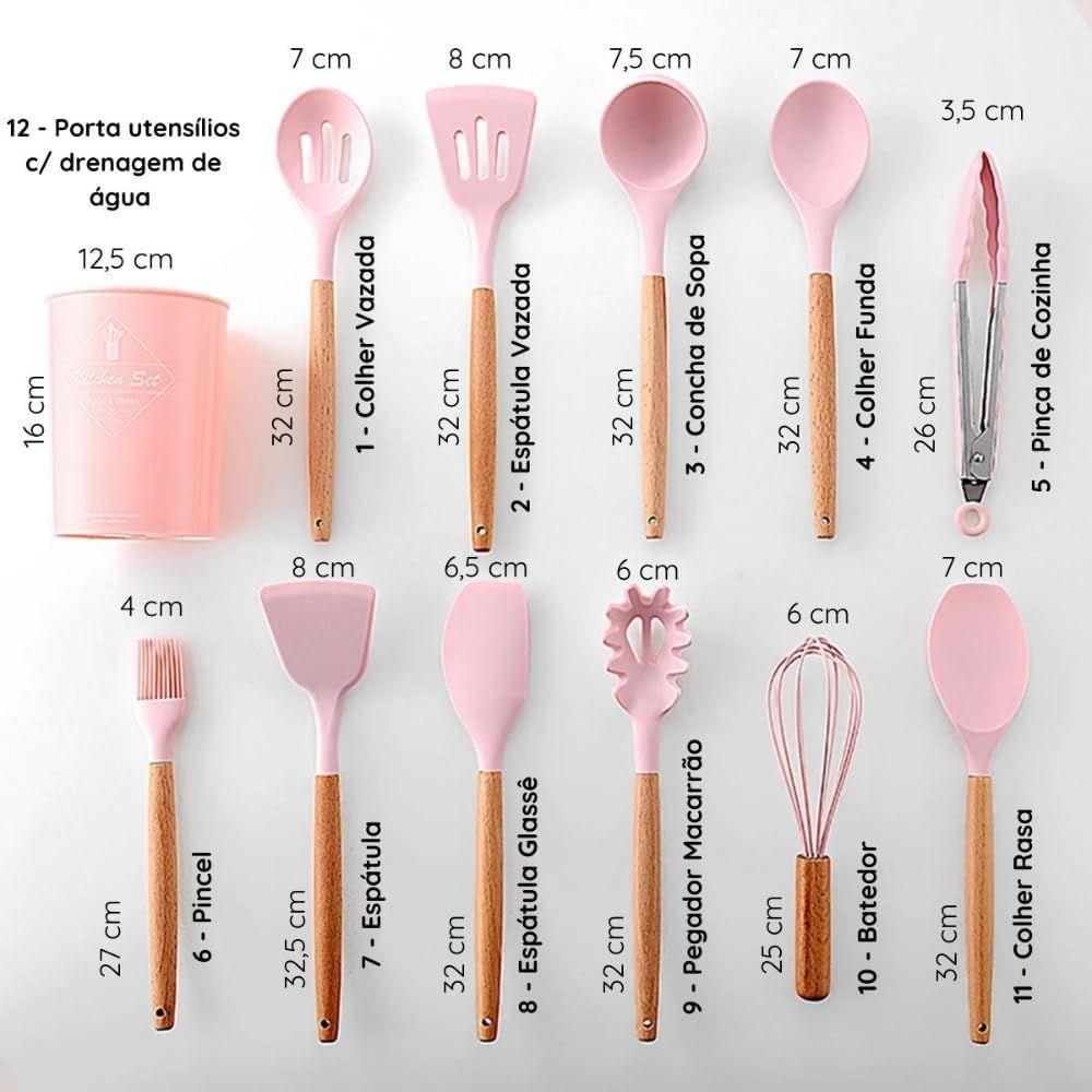 Kit 12 Utensílios De Cozinha Em Silicone C- Cabo De Madeira Resistente E Antiaderente - Rosa - 2