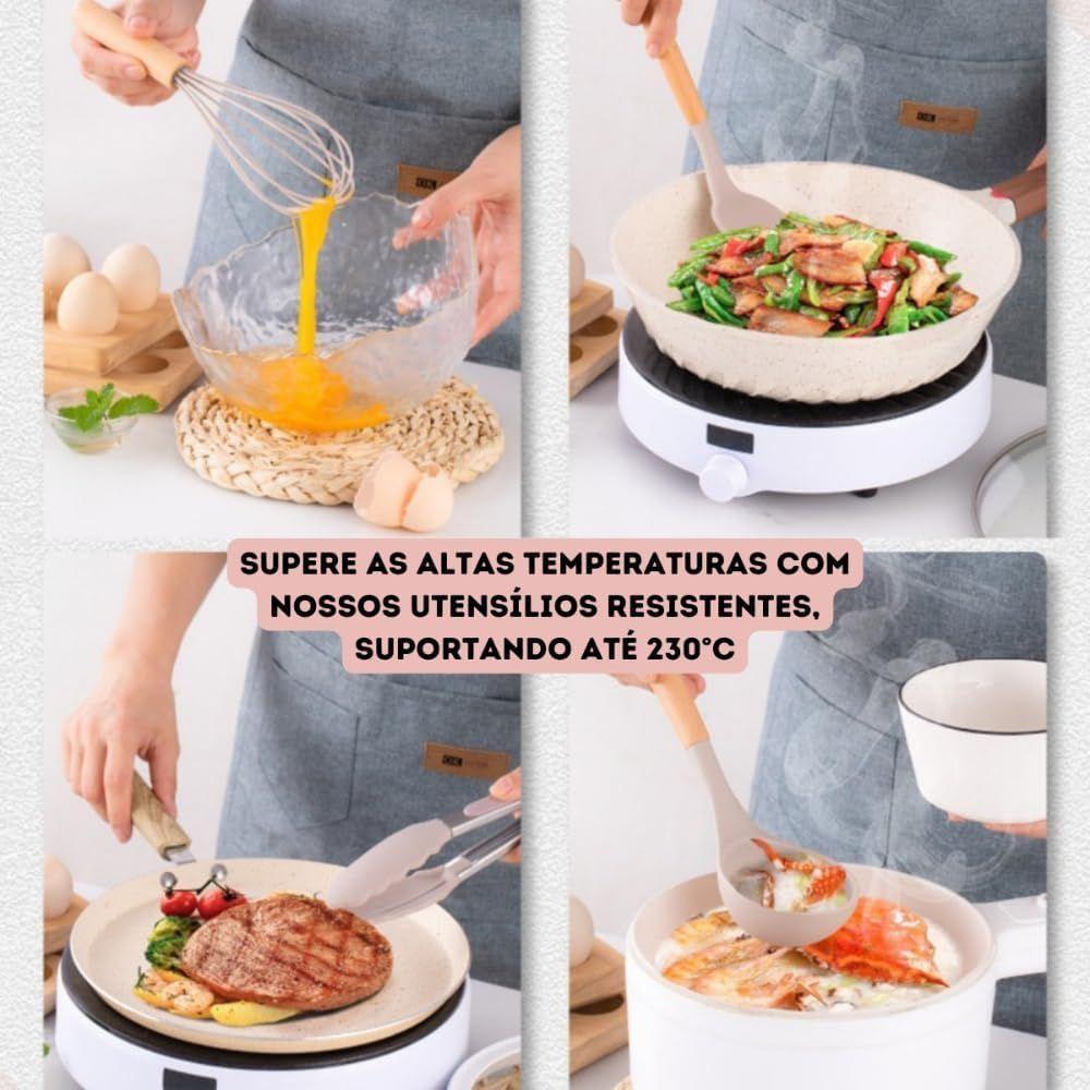 Kit 12 Utensílios De Cozinha Em Silicone C- Cabo De Madeira Resistente E Antiaderente - Rosa - 3