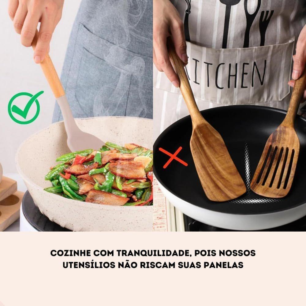 Kit 12 Utensílios De Cozinha Em Silicone C- Cabo De Madeira Resistente E Antiaderente - Rosa - 5