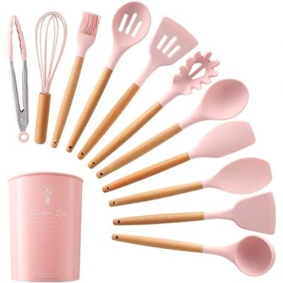 Kit 12 Utensílios De Cozinha Em Silicone C- Cabo De Madeira Resistente E Antiaderente - Rosa