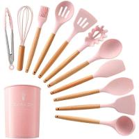 Kit 12 Utensílios De Cozinha Em Silicone C- Cabo De Madeira Resistente E Antiaderente - Rosa - 1