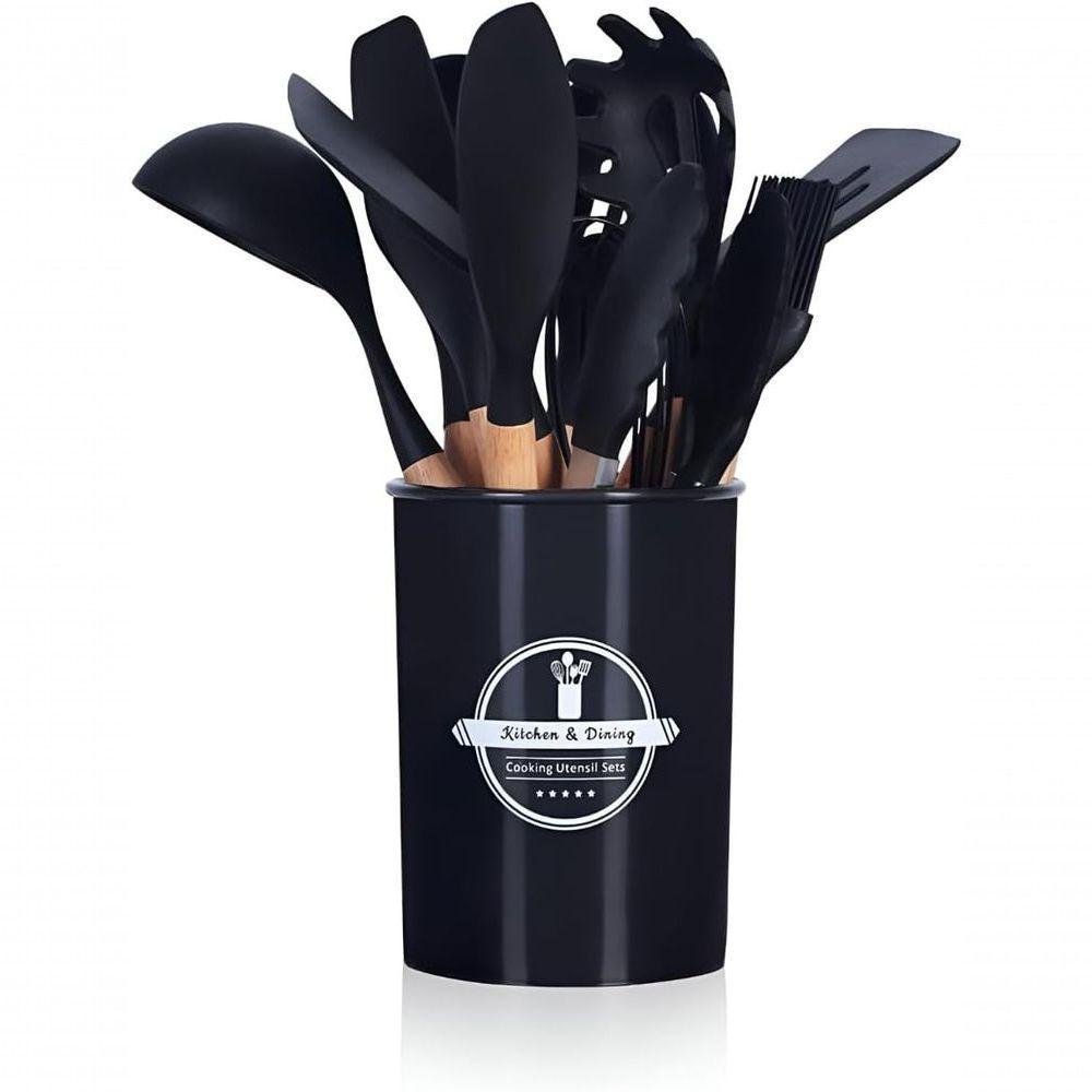 Kit 12 Utensílios De Cozinha Em Silicone Cabo Madeira Conjunto Jogo Completo - Preto - 1