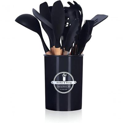 Kit 12 Utensílios De Cozinha Em Silicone Cabo Madeira Conjunto Jogo Completo - Preto