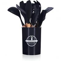 Kit 12 Utensílios De Cozinha Em Silicone Cabo Madeira Conjunto Jogo Completo - Preto - 1
