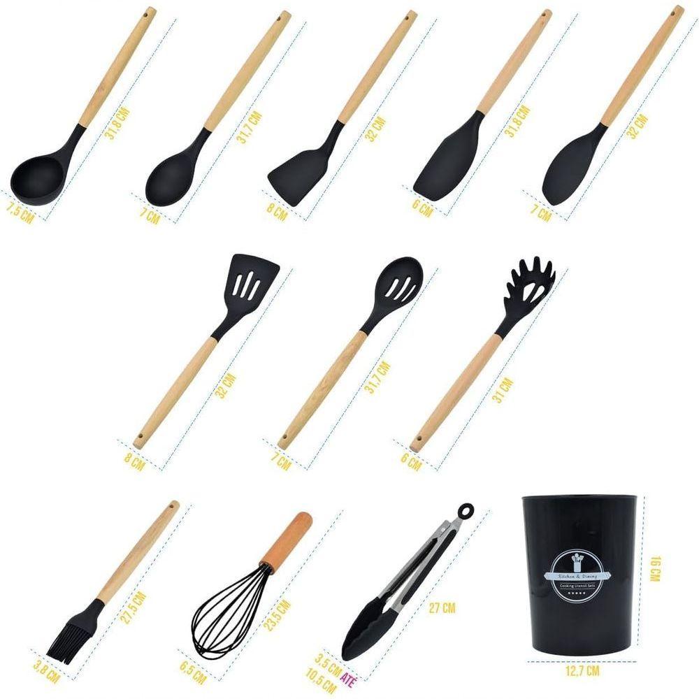 Kit 12 Utensílios De Cozinha Em Silicone C- Cabo De Madeira Antiaderente E Resistente - Preto - 2