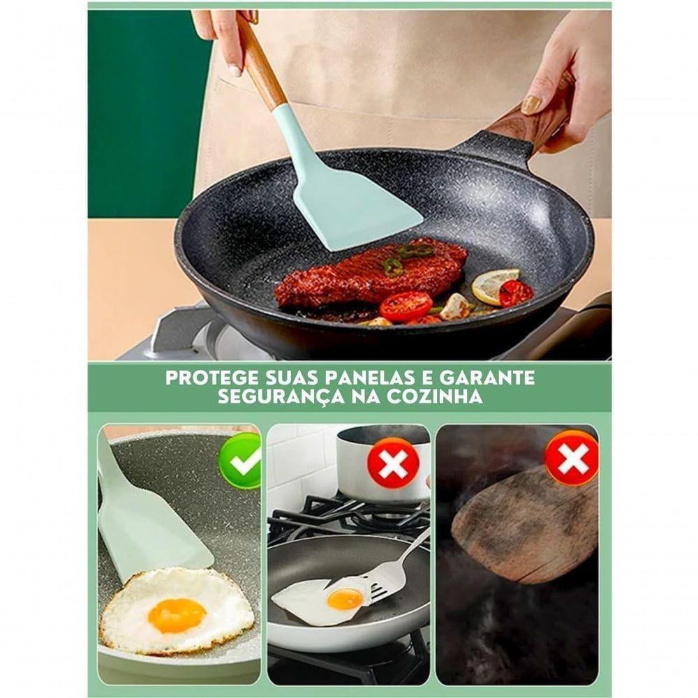 Kit 12 Utensílios De Cozinha Em Silicone C- Cabo De Madeira Antiaderente E Resistente - Preto - 4