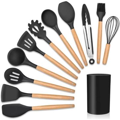 Kit 12 Utensílios De Cozinha Em Silicone C- Cabo De Madeira Antiaderente E Resistente - Preto