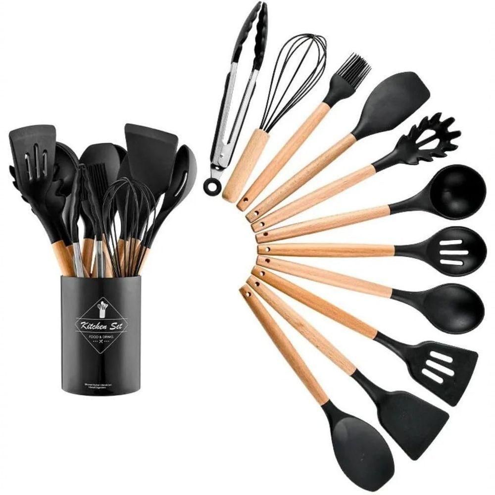 Jogo Kit 12 Peças Utensílios Cozinha Silicone Premium C-cabo Madeira - Preto - 1