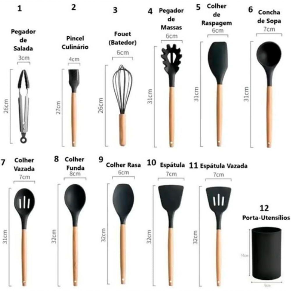 Jogo Kit 12 Peças Utensílios Cozinha Silicone Premium C-cabo Madeira - Preto - 7