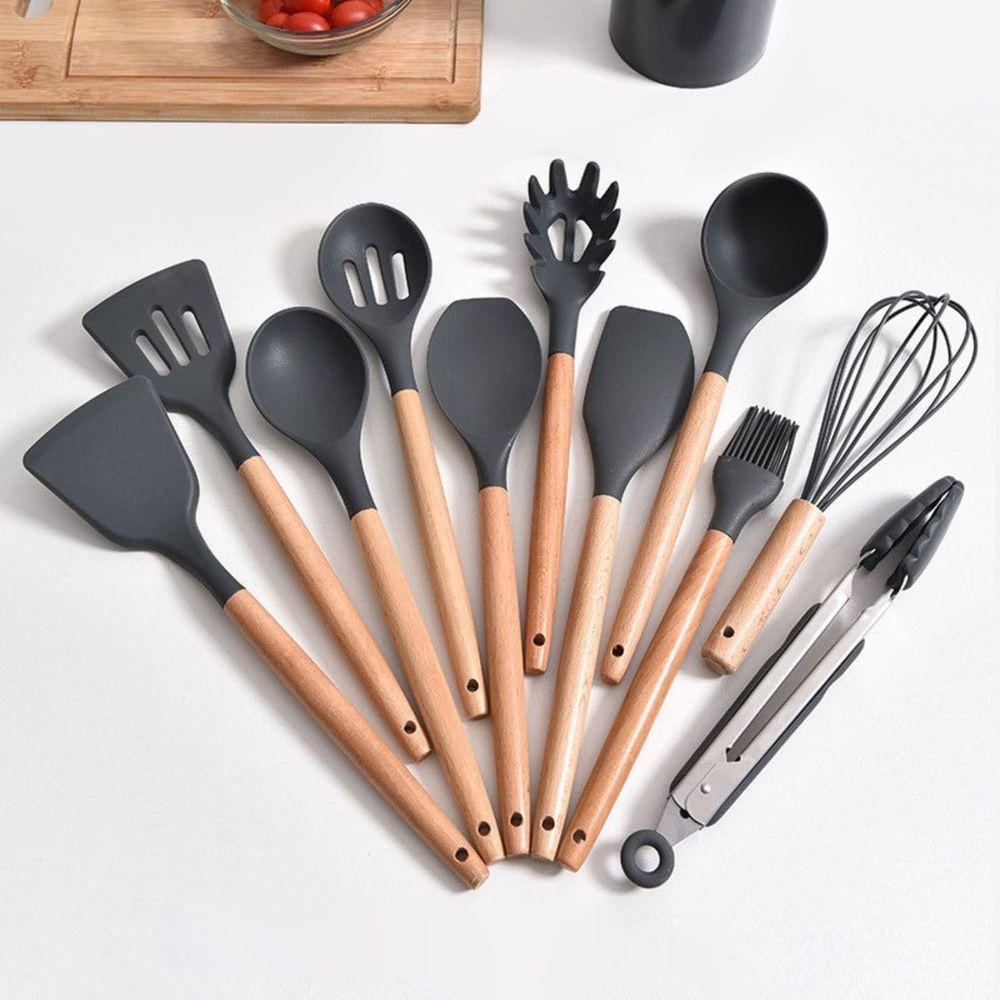 Jogo Kit 12 Peças Utensílios Cozinha Silicone Premium C-cabo Madeira - Preto - 8