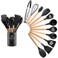 Jogo Kit 12 Peças Utensílios Cozinha Silicone Premium C-cabo Madeira - Preto - 1