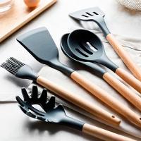 Jogo Kit 12 Peças Utensílios Cozinha Silicone Premium C-cabo Madeira - Preto - 6