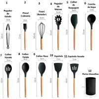 Jogo Kit 12 Peças Utensílios Cozinha Silicone Premium C-cabo Madeira - Preto - 7