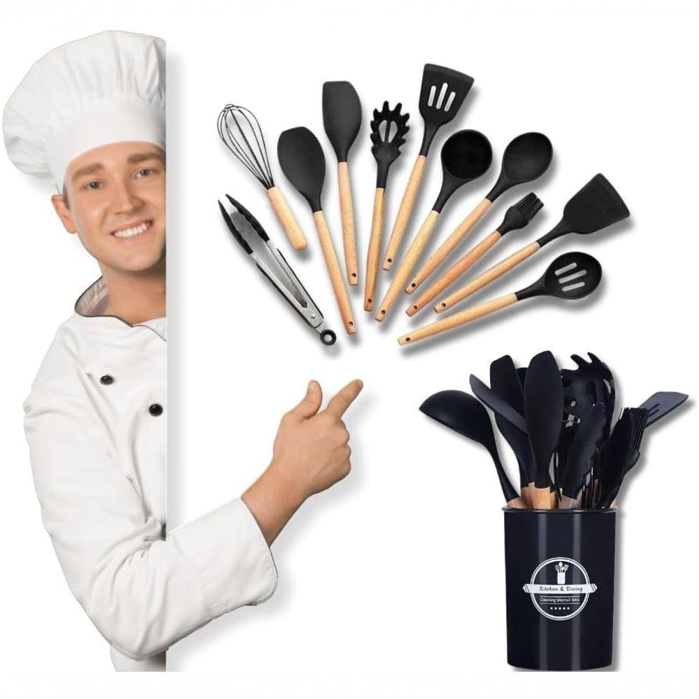 Jogo Conjunto Utensílios De Cozinha Silicone Cabo Em Madeira Tratada 12 Peças Premium - Preto - 1