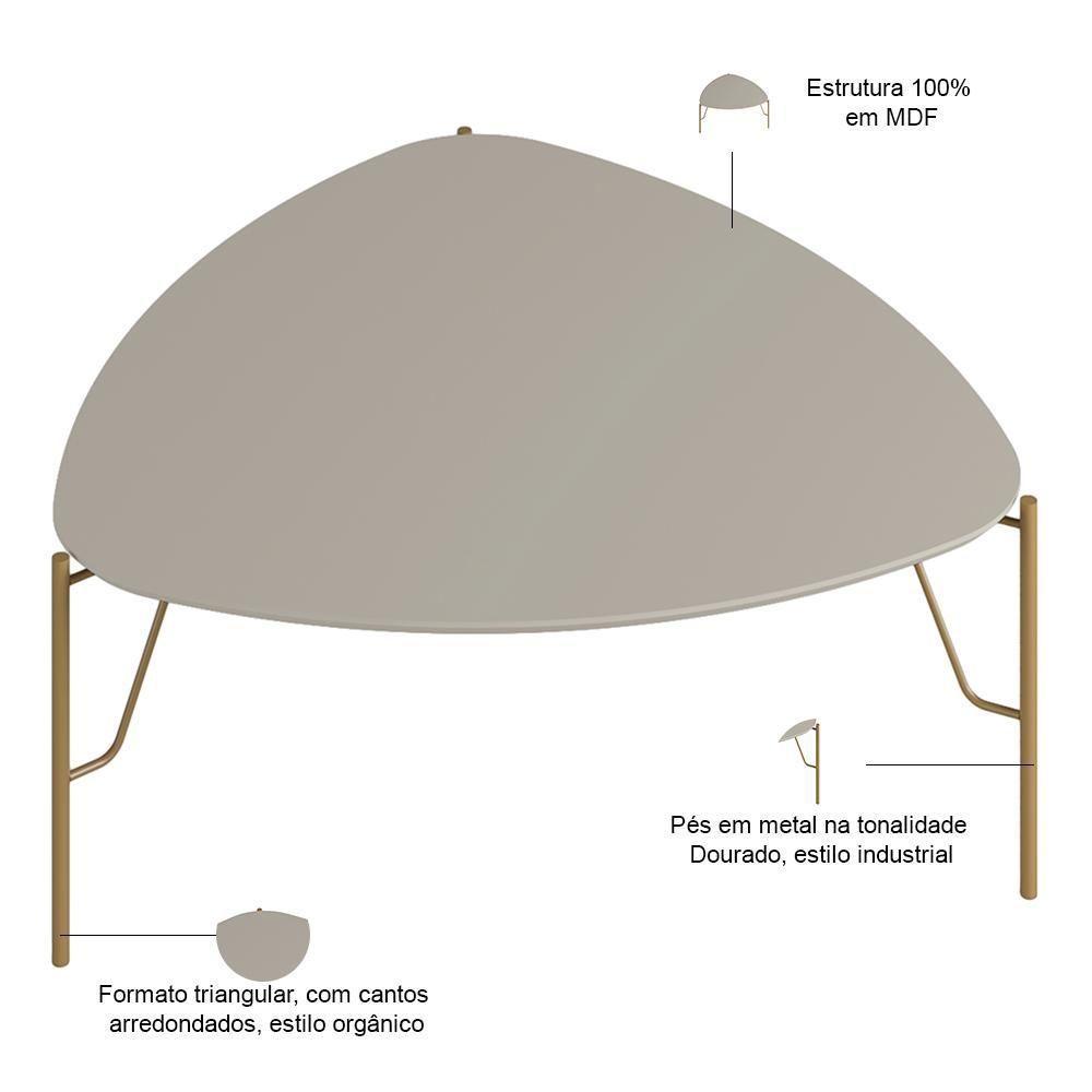Mesa De Centro Para Sala De Estar Alta Pés Industrial Dourado Alef I03 Grigio - Lyam Decor - 3