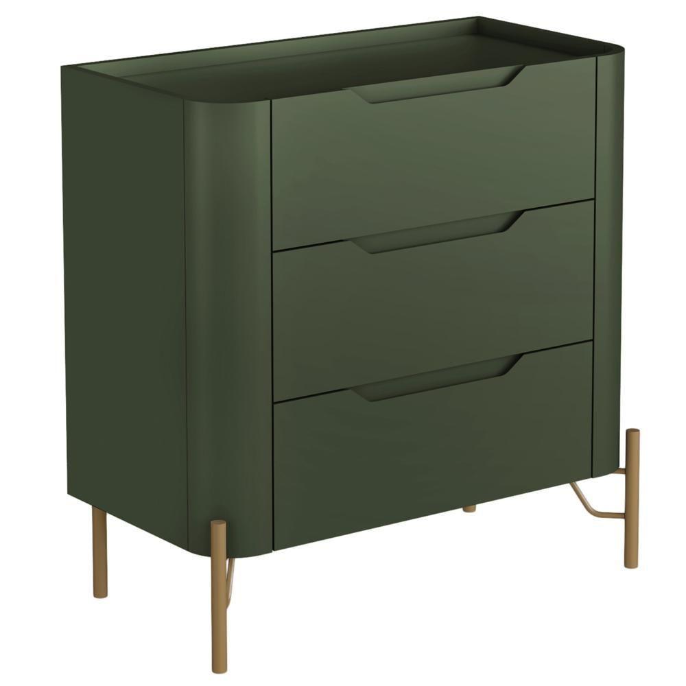 Mesa De Cabeceira Orgânica 3 Gavetas Pés Industrial Dourado Bliss I03 Musgo - Lyam Decor - 1