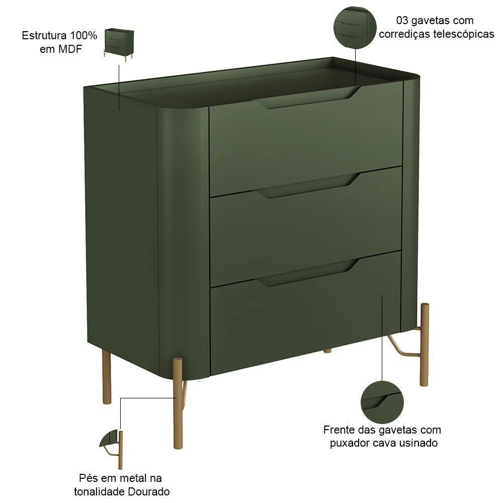 Mesa De Cabeceira Orgânica 3 Gavetas Pés Industrial Dourado Bliss I03 Musgo - Lyam Decor - 2