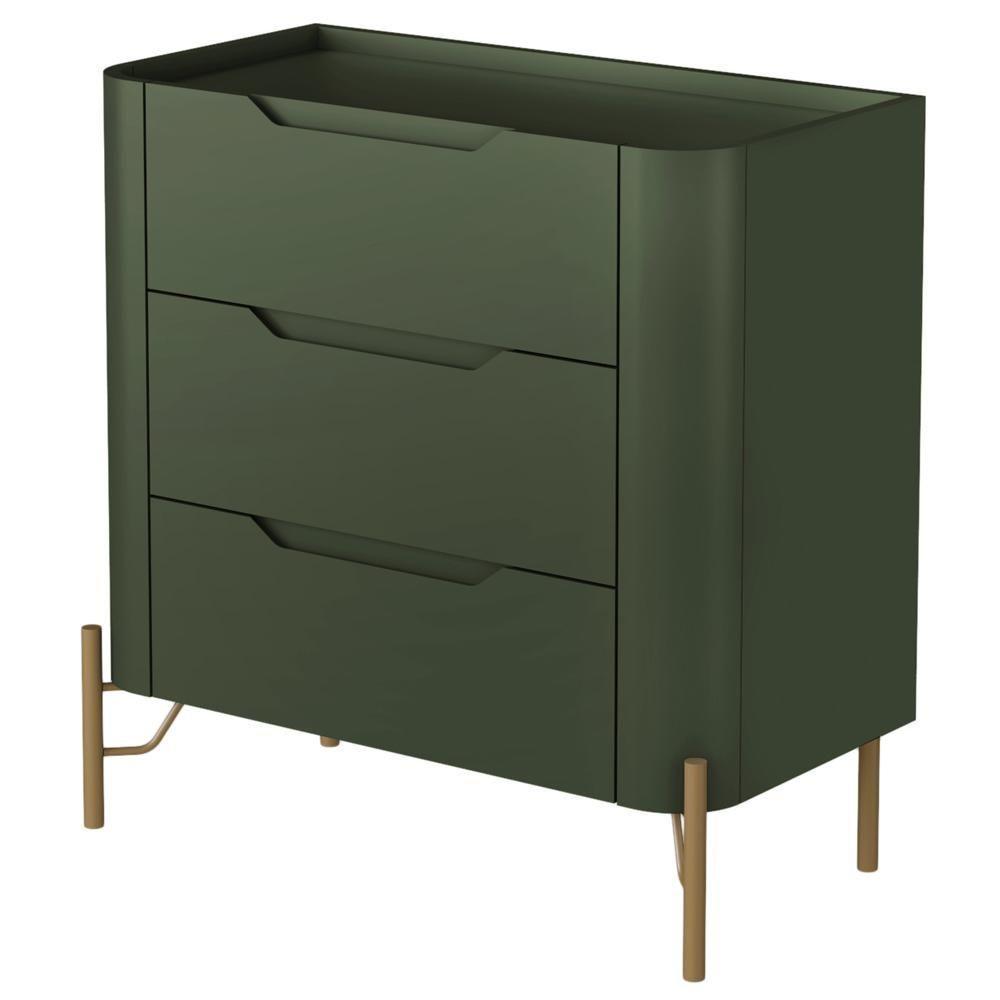 Mesa De Cabeceira Orgânica 3 Gavetas Pés Industrial Dourado Bliss I03 Musgo - Lyam Decor - 4
