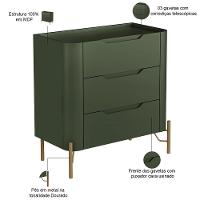 Mesa De Cabeceira Orgânica 3 Gavetas Pés Industrial Dourado Bliss I03 Musgo - Lyam Decor - 2