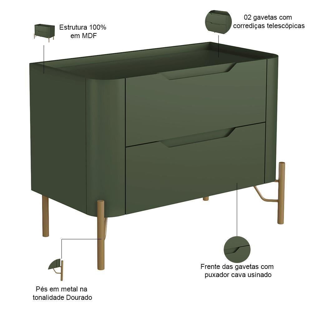 Mesa De Cabeceira Orgânica 2 Gavetas Pés Industrial Dourado Bliss I03 Musgo - Lyam Decor - 2