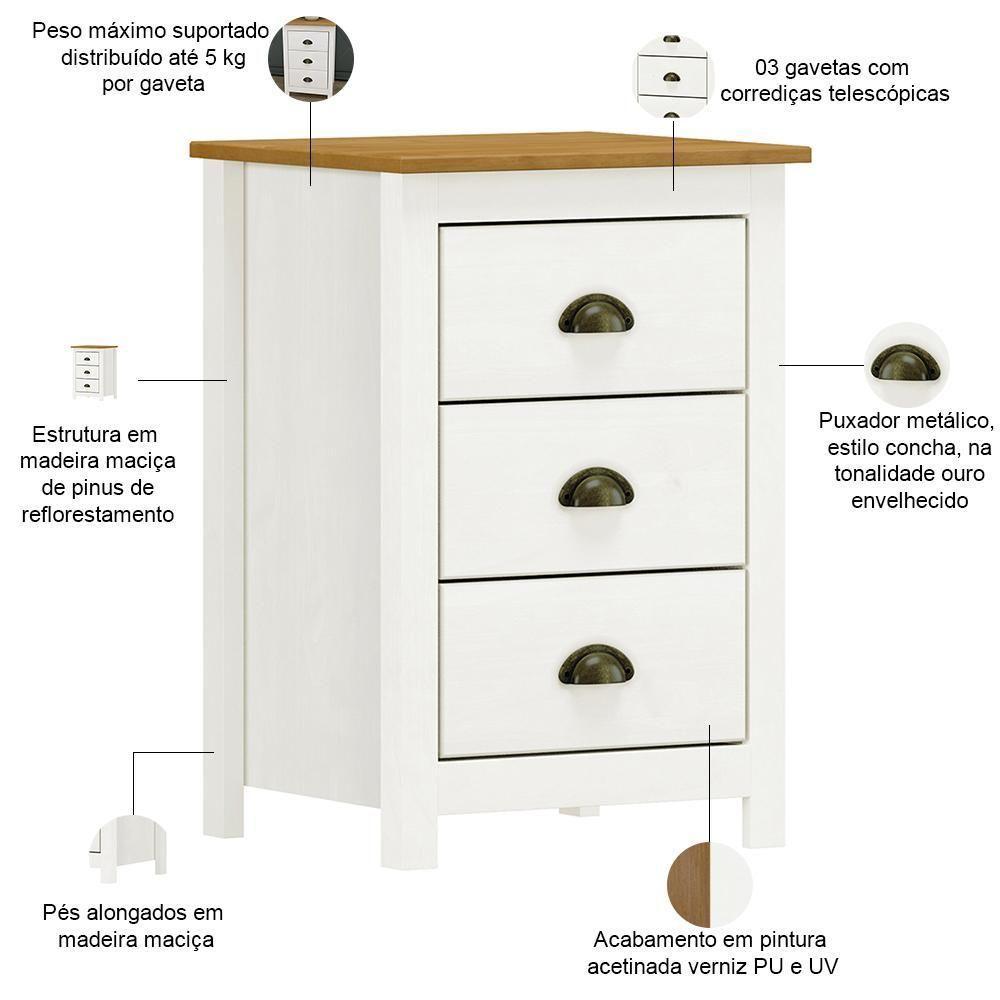 Mesa De Cabeceira 3 Gavetas Madeira Maciça Mazzaro F06 Branco Freijó - Lyam Decor - 3