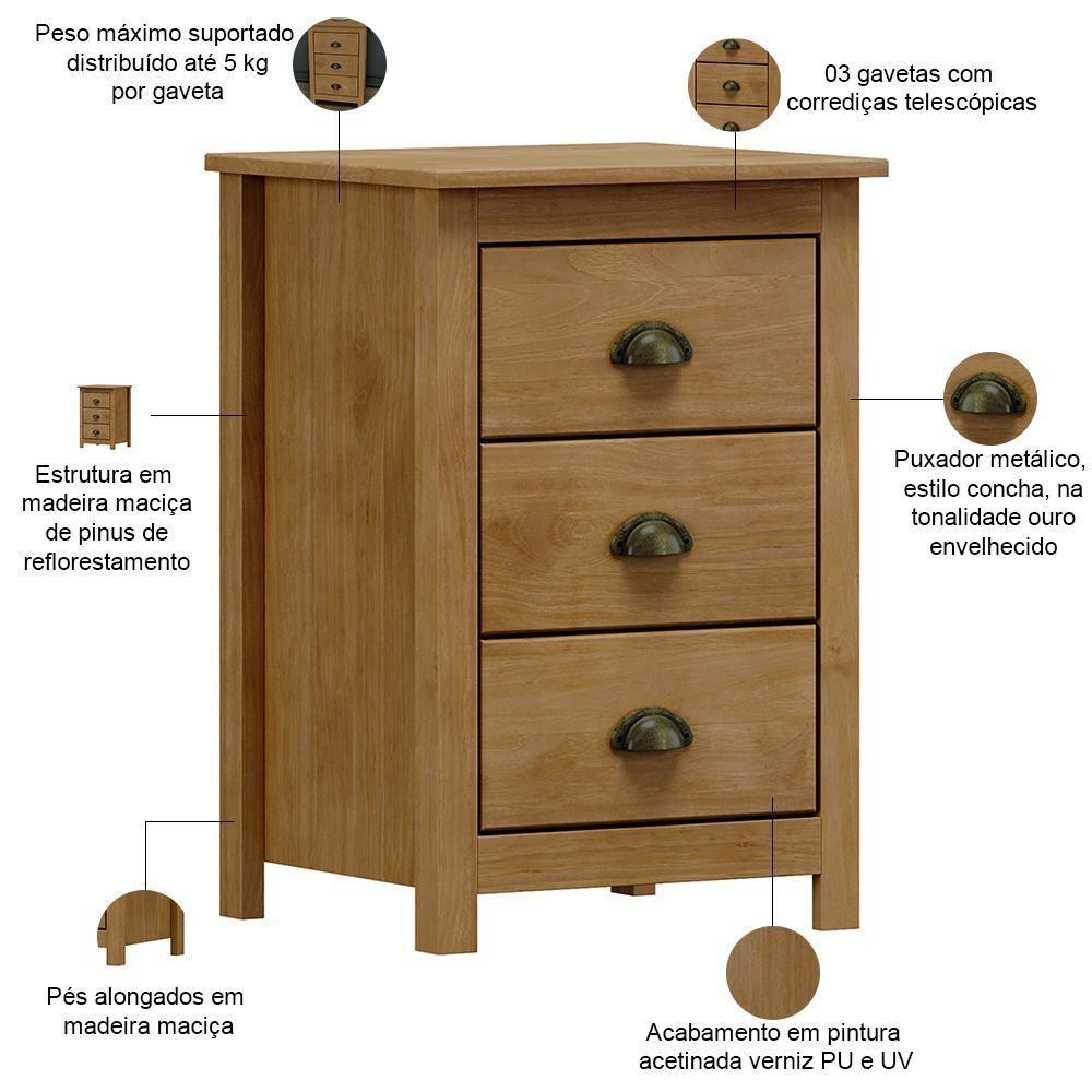 Mesa De Cabeceira 3 Gavetas Madeira Maciça Mazzaro F06 Freijó - Lyam Decor - 3