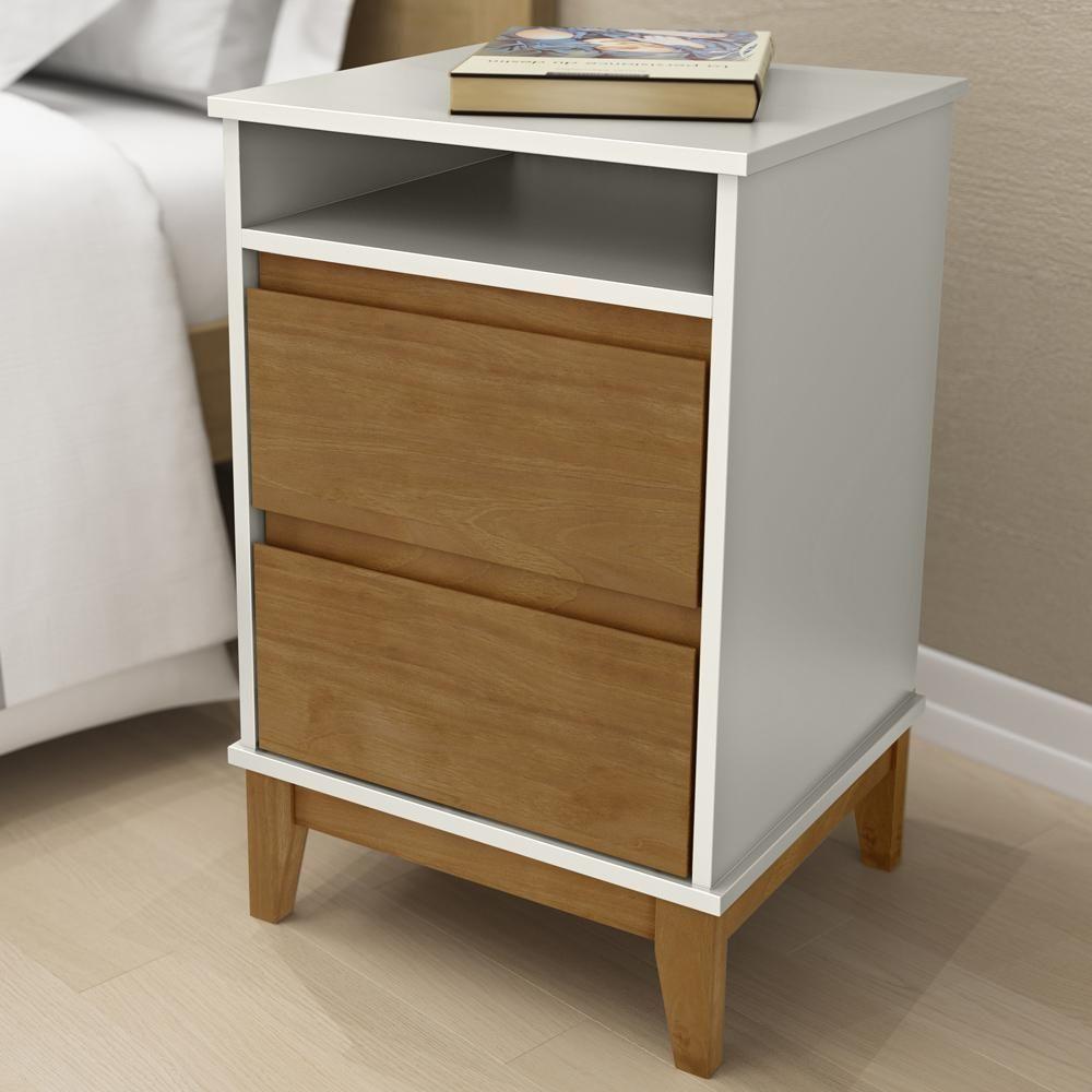 Mesa De Cabeceira 2 Gavetas Pés Retrô Madeira Maciça Cintra F06 Off White Freijó - Lyam Decor - 2