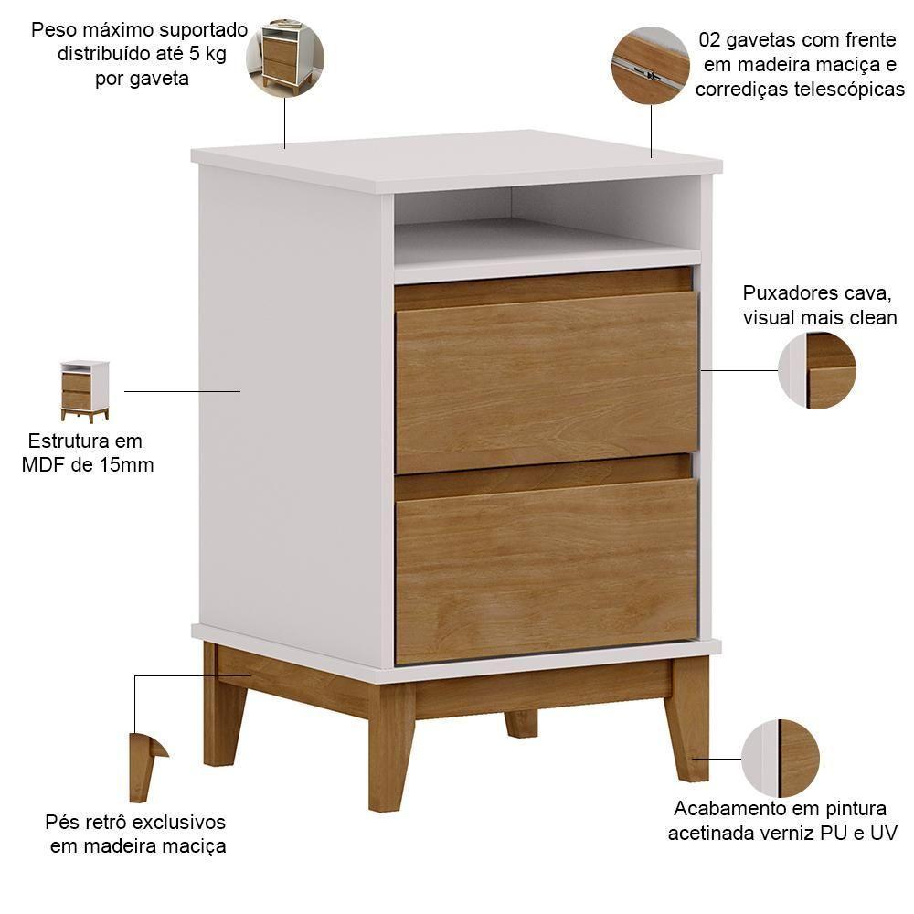 Mesa De Cabeceira 2 Gavetas Pés Retrô Madeira Maciça Cintra F06 Off White Freijó - Lyam Decor - 3