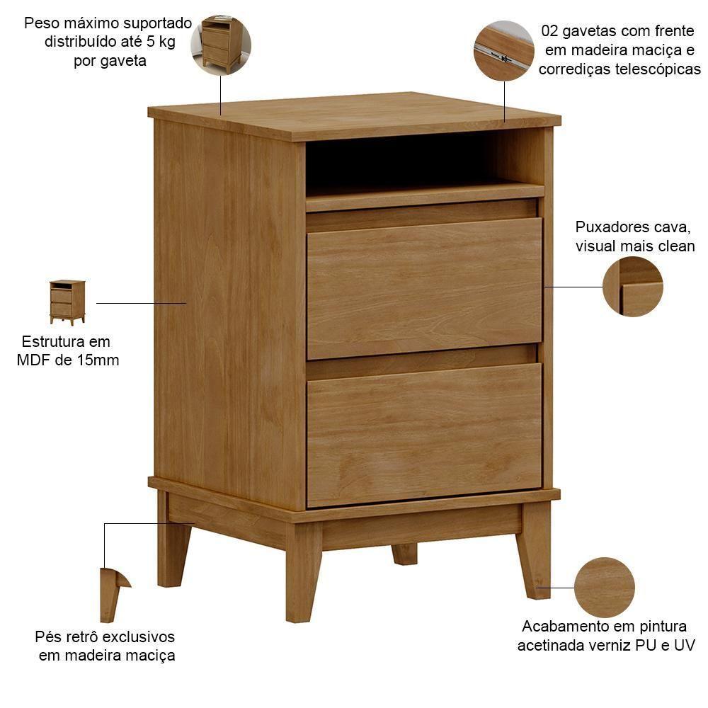 Mesa De Cabeceira 2 Gavetas Pés Retrô Madeira Maciça Cintra F06 Freijó - Lyam Decor - 3