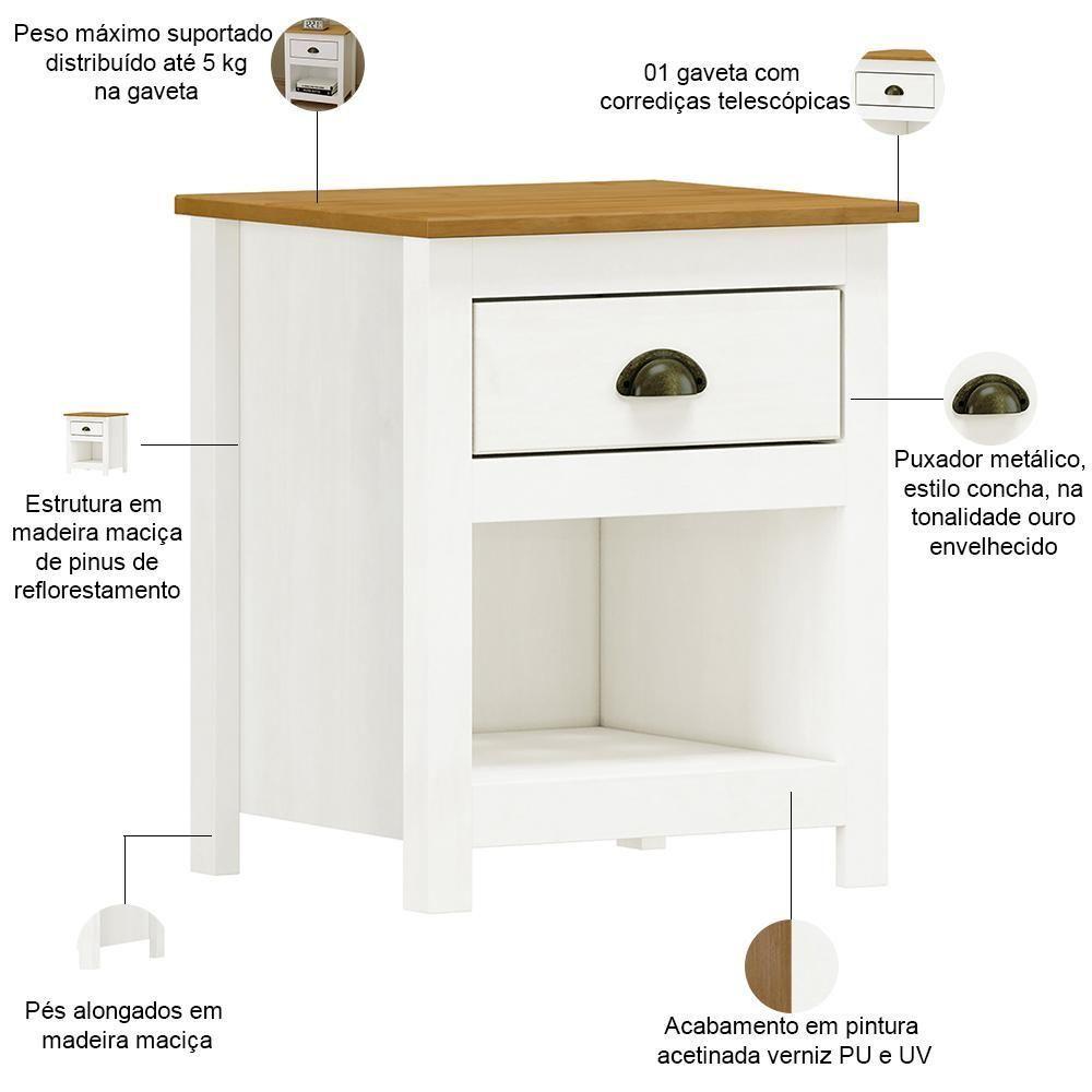 Mesa De Cabeceira 1 Gaveta Madeira Maciça Mazzaro F06 Branco Freijó - Lyam Decor - 3
