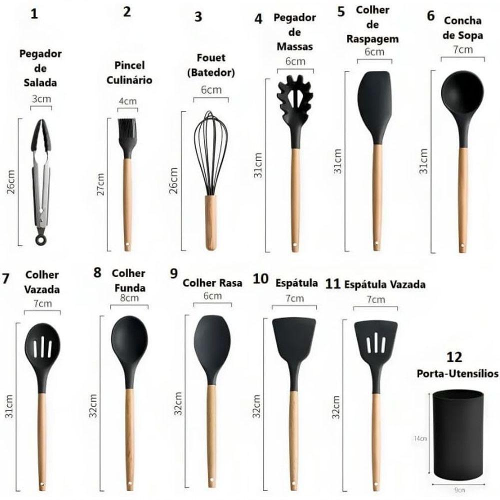 Kit De Utensílios De Cozinha Em Silicone E Cabo De Madeira - 12 Peças - Preto - 2