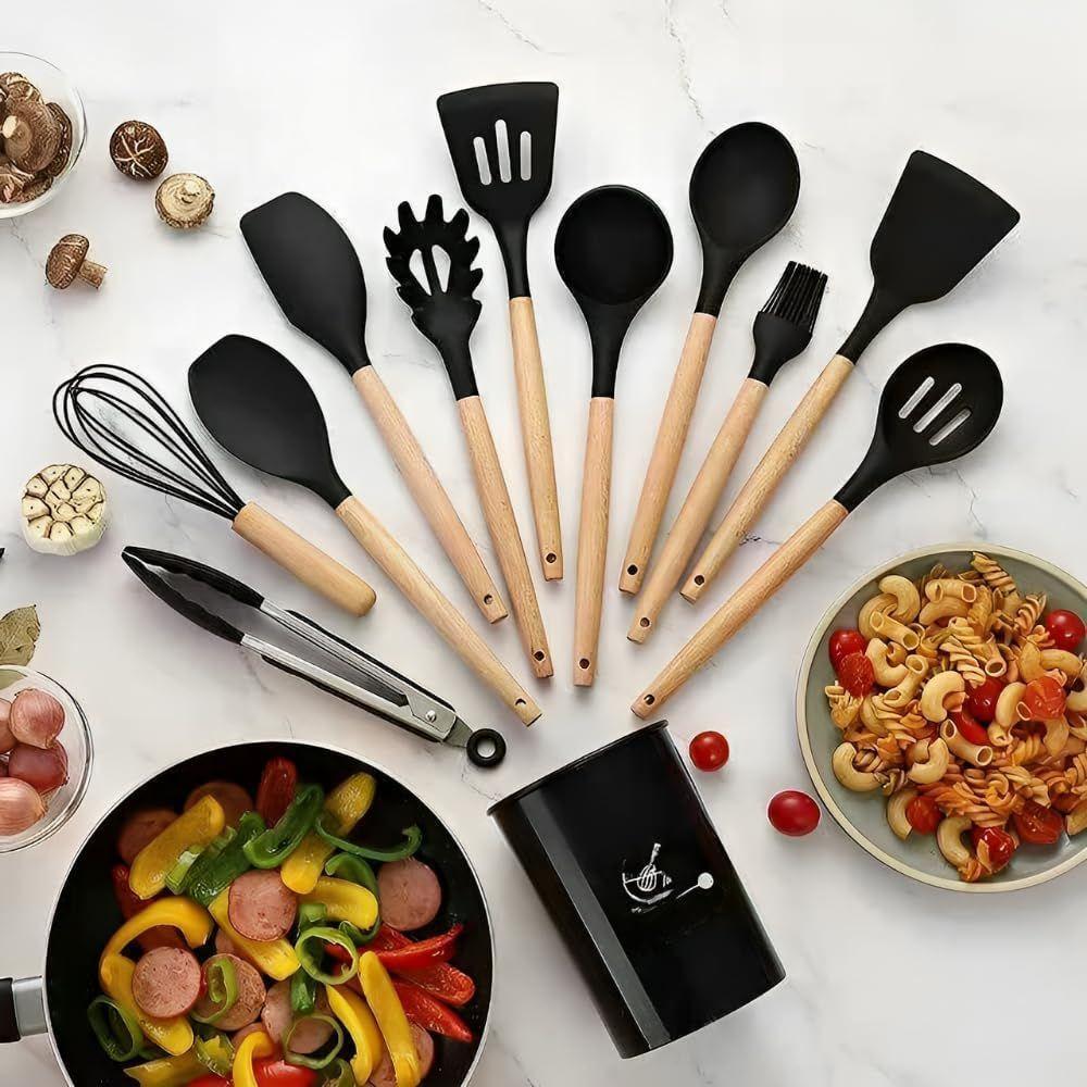 Kit De Utensílios De Cozinha Em Silicone E Cabo De Madeira - 12 Peças - Preto - 4