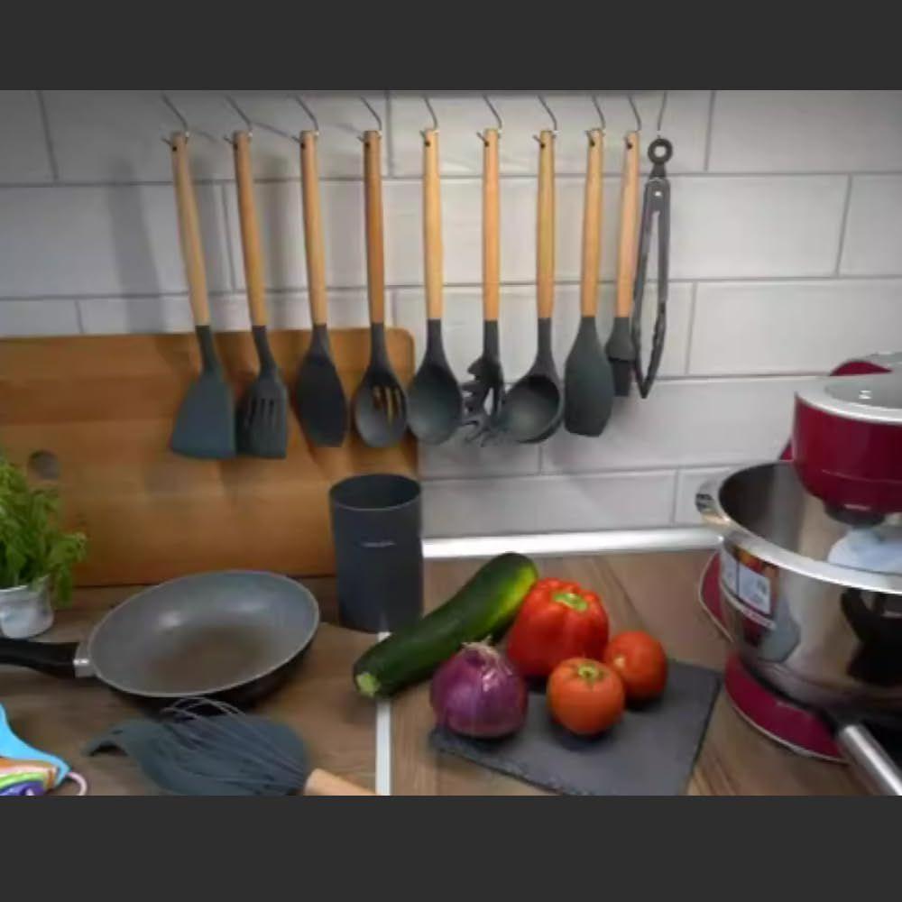 Kit De Utensílios De Cozinha Em Silicone E Cabo De Madeira - 12 Peças - Preto - 5