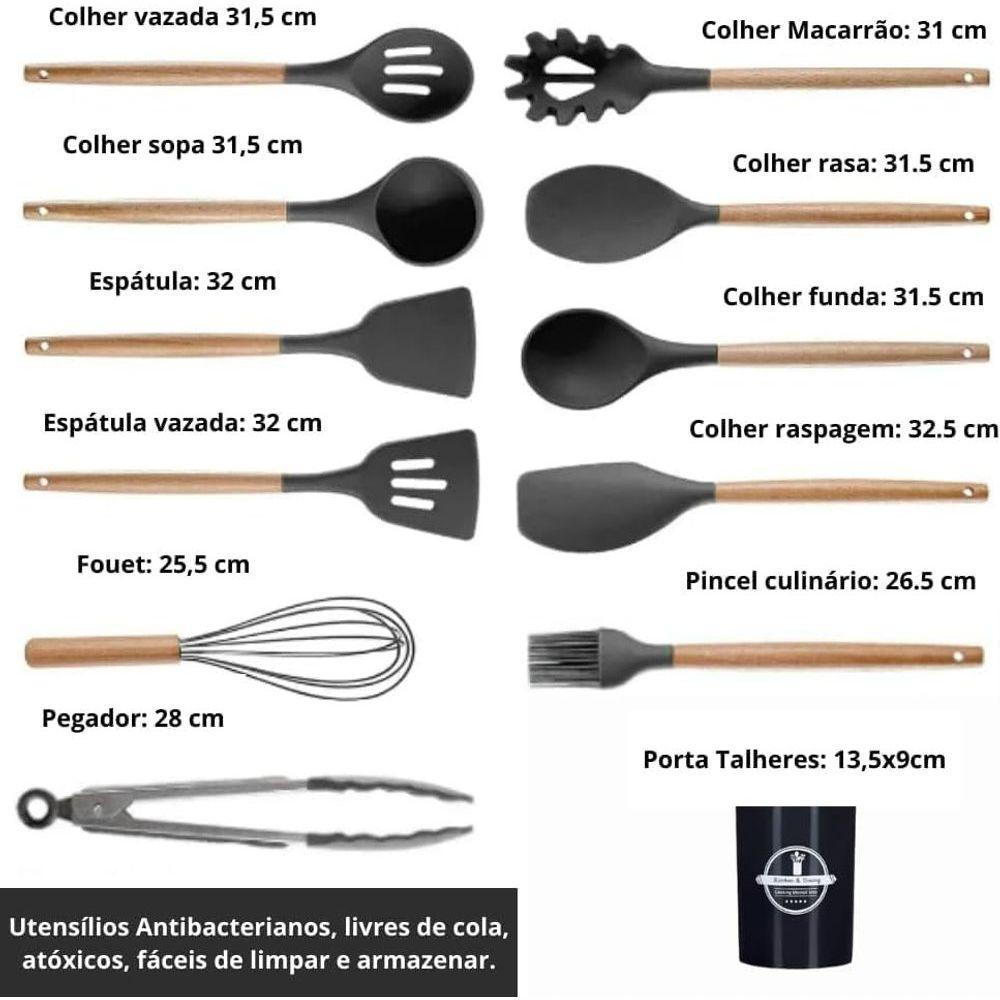 Kit De Utensílios De Cozinha Em Silicone E Cabo De Madeira - 12 Peças - Preto - 6