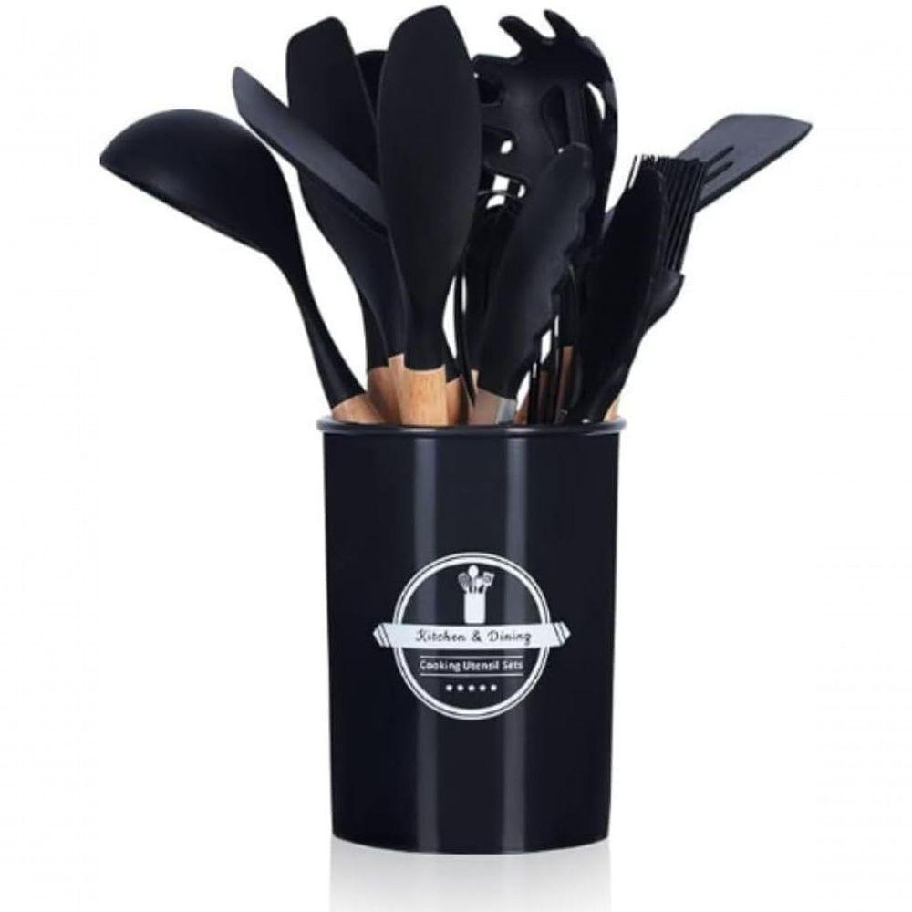 Kit De Utensílios De Cozinha Em Silicone E Cabo De Madeira - 12 Peças - Preto - 7